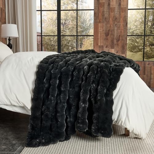 Lotus Karen Faux Fur Blanket - Black Twin Size, Big Bubble Rabbit Fluff, 60x80 Inches - Image 4