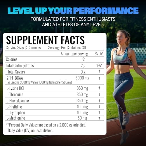 EAA Gummies - 2:1:1 BCAA Formula (8300mg) - Essential Amino Acids for Muscle Recovery & Endurance - Non-GMO, Gluten Free, Sugar Free, Vegetarian, Blue Raspberry Flavor - 90 Count - Image 7