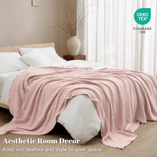 PHF Lightweight 100% Cotton Waffle Blanket for Bed, Queen, Pink - Image 5