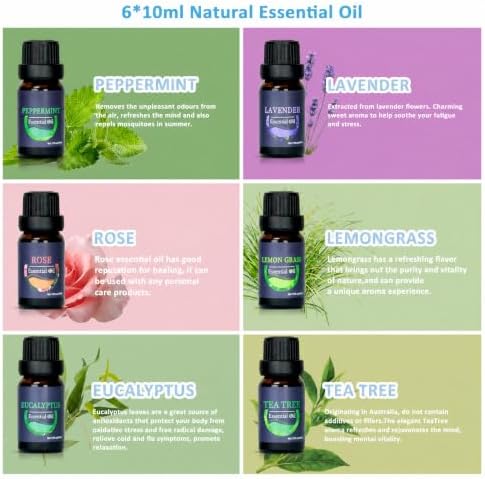 Oil Diffuser & Essential Oils Set - Oil Diffuser 150ml with 6 Essential Oils Set, Aromatherapy Cool Mist Oil Diffusers for Essential Oils, Auto Shut-Off，7 Colors Night Light,Gifts for Mom - Image 4