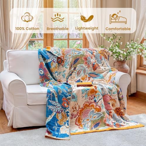 MSGKV Boho Throw Blanket 90"x90" Summer Cotton Floral Blanket for Couch - Image 2