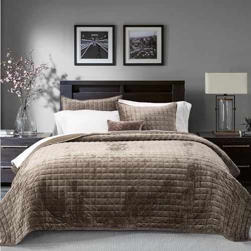 RECYCO Channel Box Stitch Velvet Quilt Set, Twin/Twin XL Size, Mocha Brown - Image 2