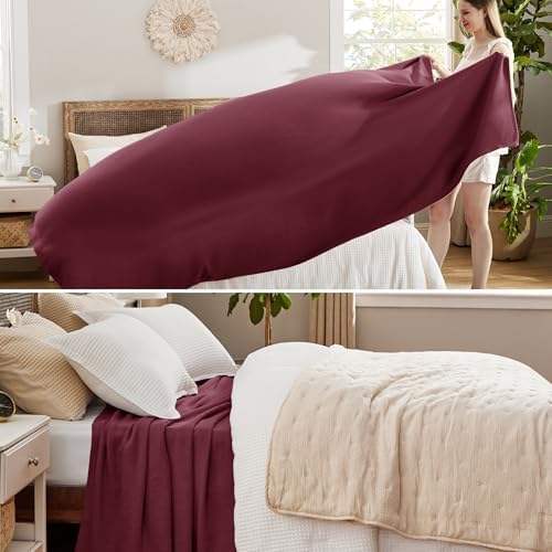 Bedsure 100% Cotton Blanket, Herringbone Weave, King, Red - Image 4