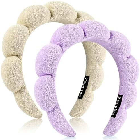 Ztomine Spa Headbands, Set of 2, Terry Cloth Headband for Washing Face or Facial, Puffy Makeup Headbands for Face Washing, Mask, Beige + Purple (1 Beige & 1 Purple Combo Pack) by Ztomine