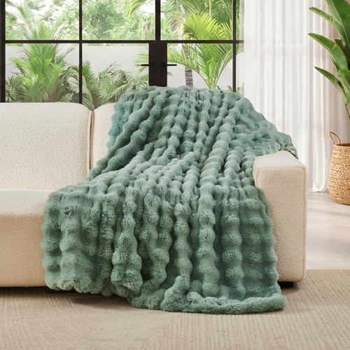 Lotus Karen Faux Fur Throw Blanket Sage Green - Big Bubble Rabbit Fluff Blanket for Couch Bed Sofa,Softest Fluffy Fuzzy Cozy Blanket,Plush Thick Furry Shaggy Warm Blankets for Women,90x90 Inches - Image 2
