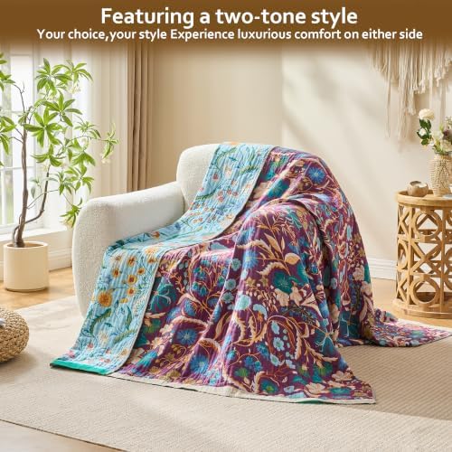 VANJOROY Boho Throw Blanket, 100% Organic Cotton Breathable Skin-Friendly Ultra Soft 80" x 90" Bed Quilt Blue Throw - Floral Rustic Luxury Reversible Blanket for Sofa Couch Chair and Gift, - Image 3