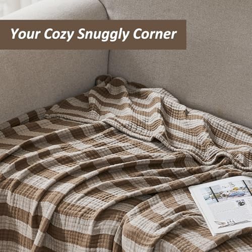 EMME Cotton Muslin Blanket Couch 4-Layer Breathable Gauze Soft Lightweight Bed Blankets Adults Brown Twin XL (66" x 90") - Image 4