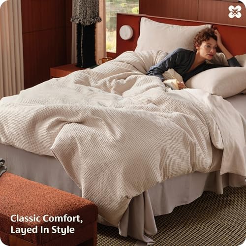 Bedsure PureWoven Cotton Waffle Weave Duvet Cover, Beige, Duvet Cover Only - Image 6