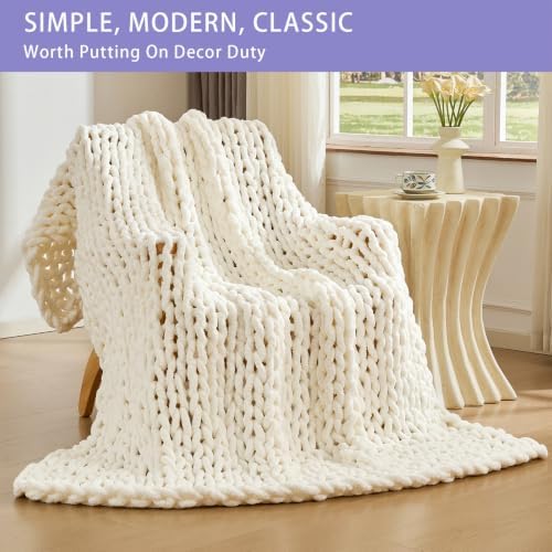 Bigacogo Chunky Knit Throw Blanket for Couch, 80x90 inches, Ivory - Image 3
