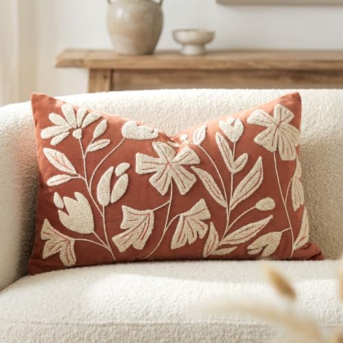 BlissBlush Lumbar Pillow Cover 12x20 Inch, Rust Terracotta Floral Tufted Velvet Decorative Accent Pillow Case for Sofa Bed Living Room, Cover Only by BlissBlush