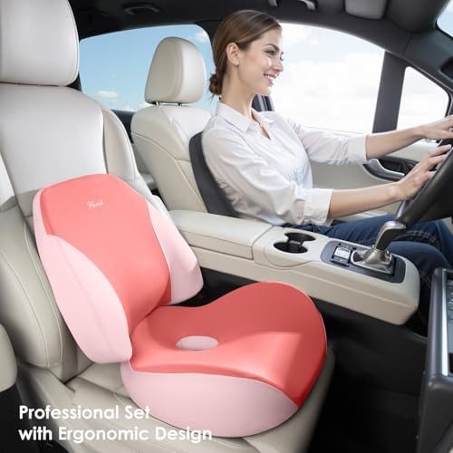 FLORICH Lumbar Support Pillow and Car Seat Cushion for Driving Car Office Chair, Memory Foam Back Support Pillow and Office Seat Chair Cushion for Sciatica Pain Relief - Pink - Image 7