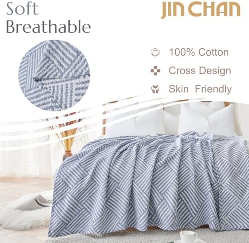jinchan 100% Cotton Muslin Blanket Twin Boho Throw Blanket 50x60 Dusty Blue - Image 2