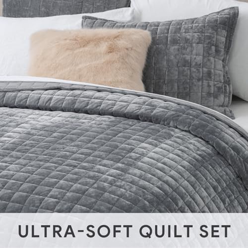 RECYCO Channel Box Stitch Velvet Quilt Set, Full Queen Size, Gray - Image 5