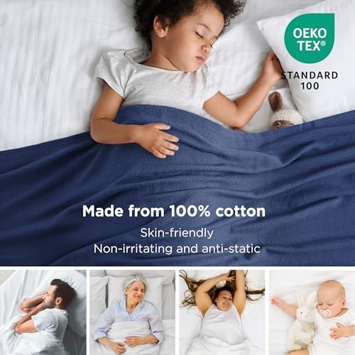 Bedsure 100% Cotton Blanket, Herringbone Weave, Throw XL, Navy Blue - Image 2