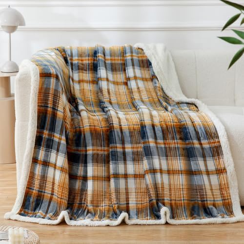 PU MEI Sherpa Blanket Twin Plaid Thick Bed Blanket, 60”*80” Super Soft Flannel Fuzzy Fleece Reversible Velvet Plush Warm Blanket for Couch (Blue Yellow Check) by HOME