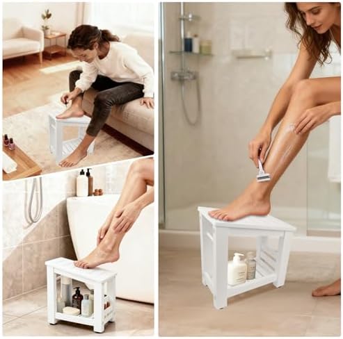 White Bamboo Shower Foot Rest for Shaving Legs, Water-Resistant Pedicure Foot Stool with Lower Storage Shelf, Compact Bathroom Shaving Step for Shower and Bath - Image 4
