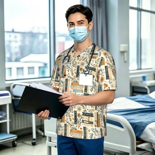 Men's Scrub Top,V-Neck Spill Wrinkle Resistant,3 Pockets-Book Lover (1) - Image 3