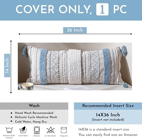 BlissBlush 14x36 Lumbar Pillow Cover for Bed, Rectangular Long Decorative Throw Pillowcase, Boho Accent Cushion with Blue Tufted Pattern and Tassels, Cream Neutral (Cover Only) - Image 4
