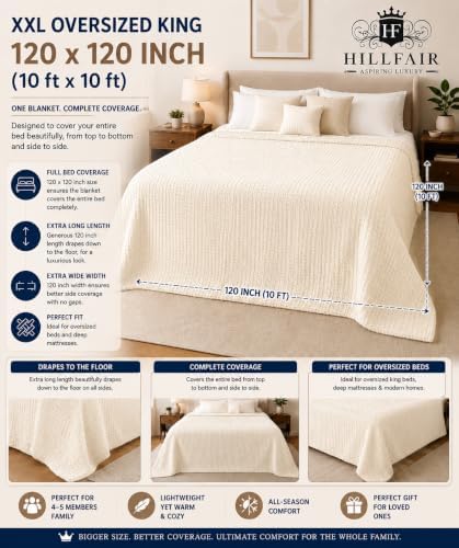 HILLFAIR 100% Cotton Blanket- 120" x 120" XXL Oversized King Bed Blankets - Family Size 10 ft x 10 ft Big - All Season Soft Cozy Breathable Blankets for Bed - Extra Large King Cotton Blanket- Ivory - Image 4