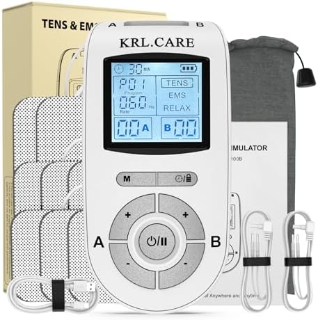 Dual Channel TENS EMS Unit 40 Intensities for Gradual Pain Relief Therapy, 24 Modes Muscle Stimulator, Electronic Pulse Massager with 8 Pads, Dust-Proof Drawstring Storage Bag by KRLCARE