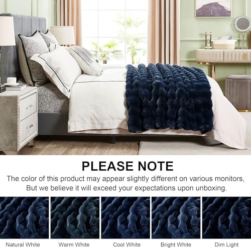 DREAMNINE Soft Faux Bubble Rabbit Fur Blanket Queen Size, Thick Cozy Decorative Warm Fuzzy Fur Blanket for Bed Couch Sofa Chair Bedroom Living Room Dorm Gift, 80 * 90 Inches, Navy Blue - Image 7