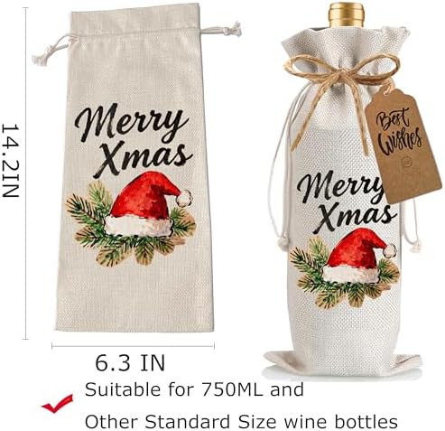 1Pcs Christmas hat Wine Bags Christmas Gift Bag, Wine Bottle Bags Merry Xmas Bottle Covers for Xmas,Holiday Party, Birthday, Storage with 1Pcs Kraft Blessing Cards and natural jute rope - Image 2