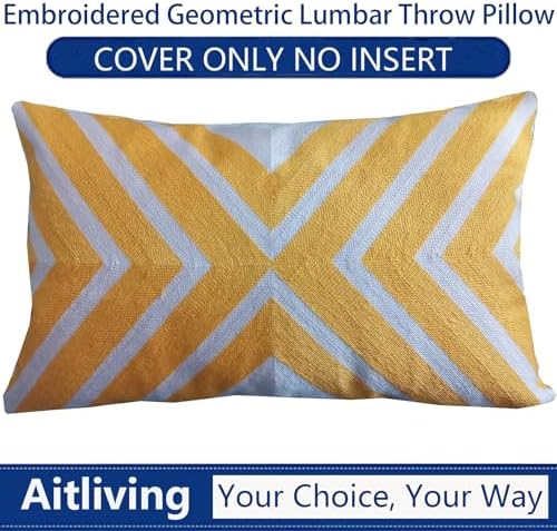 Bolster Accent Pillowcase Coko Geometric Throw Pillow Cover Lumbar Embroidered Arrow Cotton Canvas 12x20 1pc Pink and Mango Yellow/Orange 2 Tones, Chevron 30x50cm - Image 7