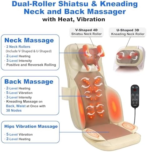 Massage Chair Pad with Dual Neck Modules and Heat, Cream - Image 3