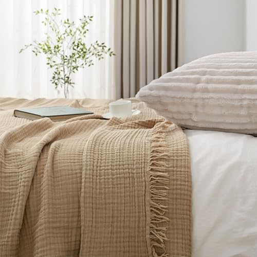 Esterra Muslin Throw Blanket 50x65 Inches Cozy Soft Lightweight Pre-Washed Cotton Blanket, All Season Breathable 4-Layer Gauze Blanket Throw for Sofa Couch Bed, Curds&Whey - Image 5