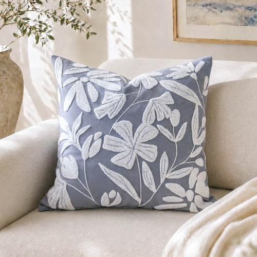 BlissBlush Decorative Throw Pillow Cover 20x20, Coastal Dusty Blue Velvet Accent Cushion Cover for Couch Sofa Living Room, Floral Tufted Square Pillowcase (Cover Only) by BlissBlush