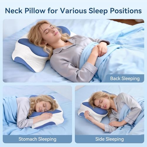 Cervical Neck Pillow for Sleeping, Ergonomic Contour Pillow for Neck and Shoulder Pain with Pillowcase, Cooling Memory Foam Pillows for Side Sleepers, Back Sleepers and Stomach Sleepers, Blue - Image 4