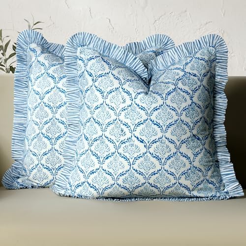 CPC Indigo Regal Hand Block Print 100% Cotton Ruffle Throw Pillow Cover 18x18 inch with Hidden Zipper Decorative for Couch, Bed, Sofa, Farmhouse, Cottagecore Decor Gift Christmas Fall Thanksgiving by COTTONPRINTCLUB