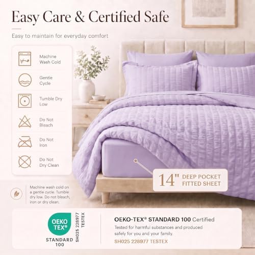 CozyLux Queen Comforter Set, 7 Pieces Light Purple Seersucker Bed in a Bag - Image 5