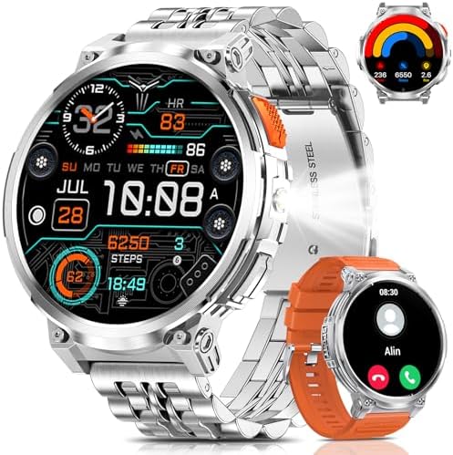 1.85" Big Screen Military Smart Watch for Men with Flashlight, 930mAh Large Battery, IP68 Waterproof, Bluetooth Calling, 114 Sports Modes, Heart Rate/Sleep Monitor for iPhone & Android by Podoeil