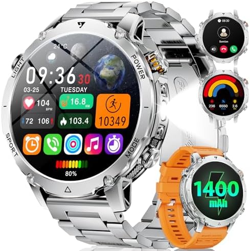 LIGE Military Smart Watch for Men, 1400mAh 60-Days Battery, 1.85" HD Smartwatch with LED Flashlight, 100+ Sports Mode, IP68 Waterproof, Pedometer, Fitness Watch for Android iOS (Sliver) by LIGE