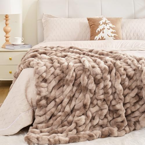 Touchat Ruched Rabbit Faux Fur Blanket Twin, Fluffy Soft Cozy,Tie-dye Brown - Image 5