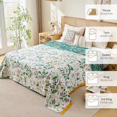 VANJOROY Boho Throw Blanket, 100% Organic Cotton Breathable Skin-Friendly Ultra Soft 80" x 90" Bed Quilt Throw - Floral Rustic Decor Luxury Reversible Blanket for Sofa Couch Chair and Gift, - Image 5