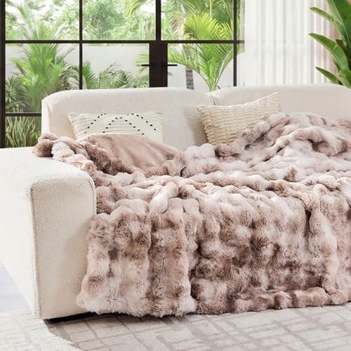 Lotus Karen Faux Fur Throw Blanket Tie-Dye Beige - Big Bubble Rabbit Fluff Blanket for Couch, Large Fluffy Fuzzy Cozy Blankets,Thick Furry Plush Shaggy Blankets,108x90 Inches - Image 2
