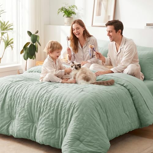 CozyLux California King Comforter Set, Sage Green Seersucker Bed in a Bag - Image 7