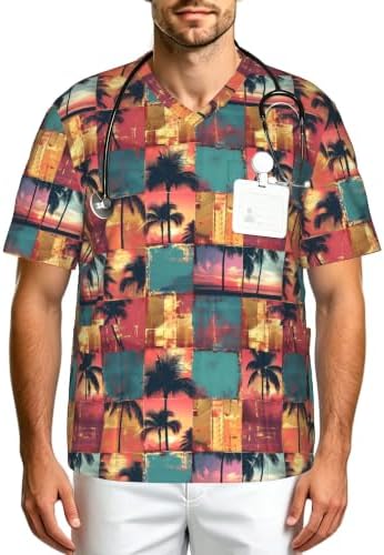 Men's Scrub Top,V-Neck Spill Wrinkle Resistant,3 Pockets-Tropical Sunset Collage (2) by Unknown