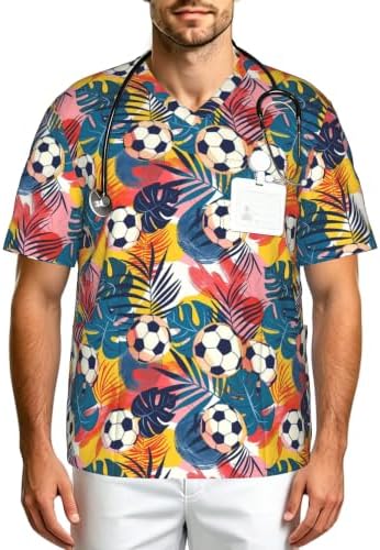 Men's Scrub Top,V-Neck Spill Wrinkle Resistant,3 Pockets-Tropical Palm Leaf Football (1) by Unknown