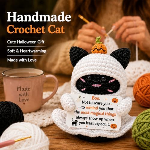 Halloween Boo Basket Stuffer Positive Crochet Cat Gifts for Women Men - Image 3