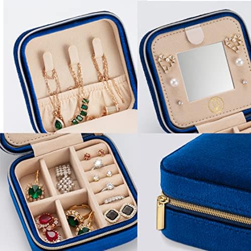 ZPROW Plush Velvet Travel Jewelry Case, Travel Jewelry Organizer, Jewelry Travel Case, Travel Jewelry Box, Small Jewelry Case for Women, Jewelry Travel Box, Earring Organizer with Mirror - Navy Blue - Image 3