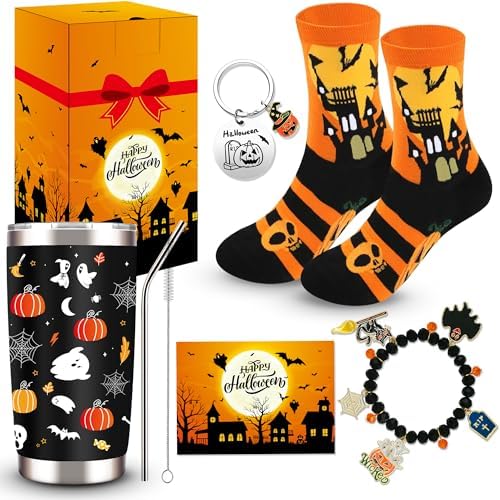 Halloween Gifts for Girls Women Adults, 6 Pieces Halloween Pumpkin Spooky Basket Gift with 20 Oz Tumbler, Socks, Bracelet, Keychain, Greeting Cards, Cute Pumpkin Gift for Her, Sister, Friends, Girls by Unknown