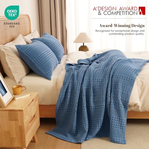 PHF Lightweight 100% Cotton Waffle Throw Blanket for Couch, Denim Blue - Image 5