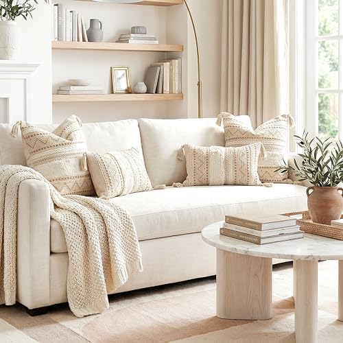 BlissBlush Decorative Throw Pillow Covers 20x20 Combo Set of 2 Square Cream Neutral White Boho Accent Pillowcase Tassels Farmhouse Cushion for Couch Sofa Bedroom Living Room Home Décor Cover ONLY - Image 5