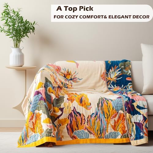 VANJOROY Boho Large Throw Blanket for Bed Couch, 100% Organic Cotton Soft Queen Throw-Floral Butterfly Decor Fall Blanket for Sofa Quilt and Gift, 80" x 90"-Beige - Image 3