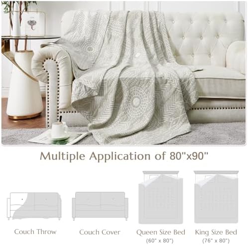 jinchan 100% Cotton Muslin Blanket Queen Boho Bed Blanket 80x90 Light Gray - Image 6