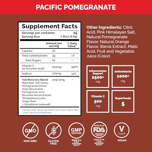 Voli Muscle Recovery Post Workout Drink Mix Packets | + Superfoods Curcumin, Tart Cherry, Ginger & Glutathione | Leg Cramp & Inflammation Support | No Added Sugar, 15 Count, Pacific Pomegranate - Image 3