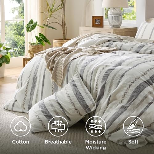 Bedsure PureWoven Boho Striped Cotton Waffle Duvet Cover Set, Queen, White - Image 4